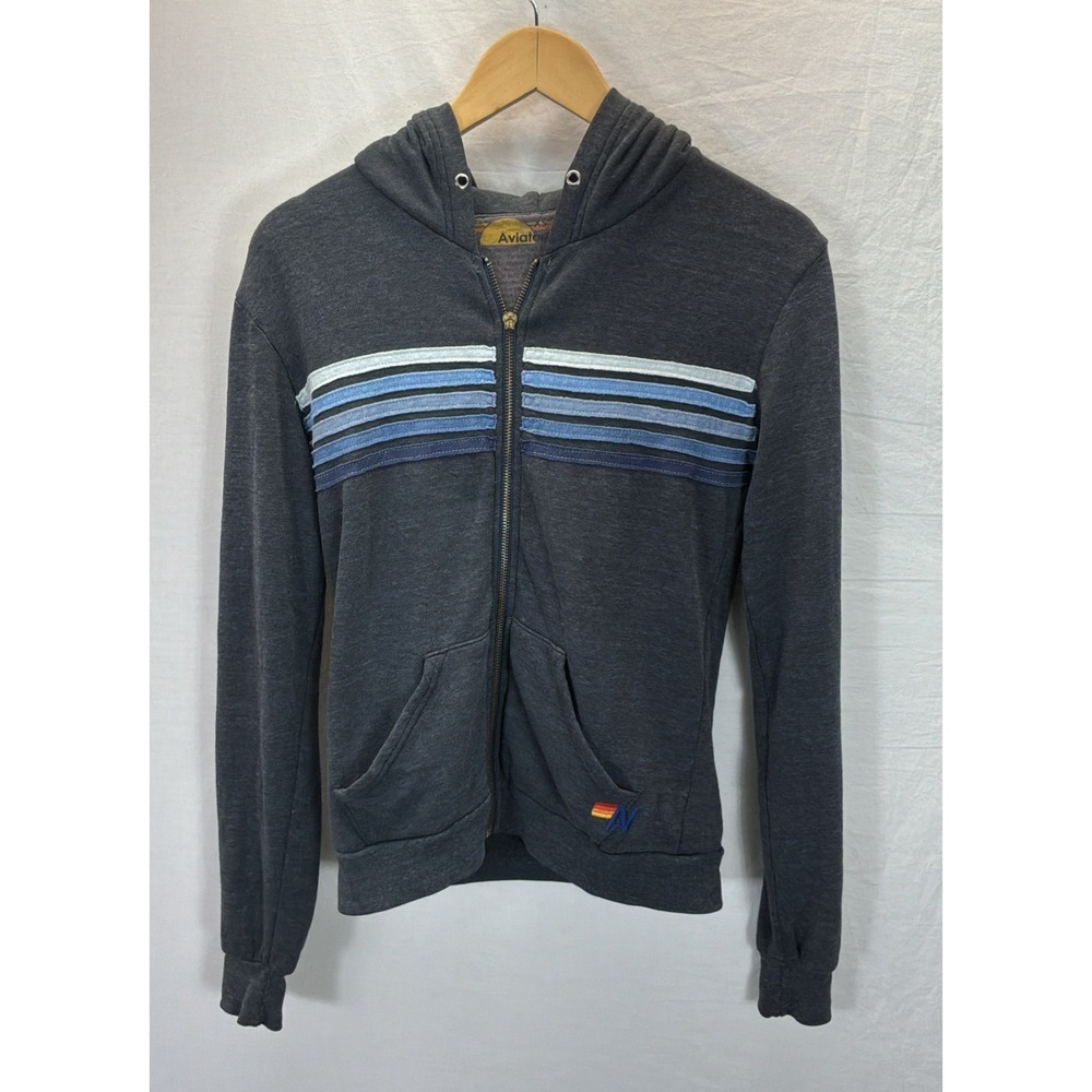 Aviator Nation 5 Stripe Zip-Up Hoodie Unisex Embroidered Logo Navy Size XS Read